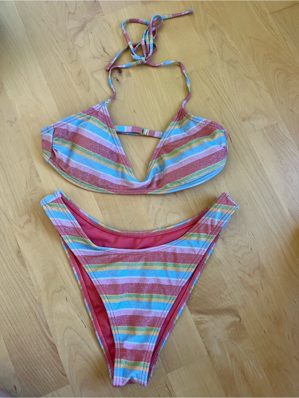 Pink Rainbow-Trim Bikini Top